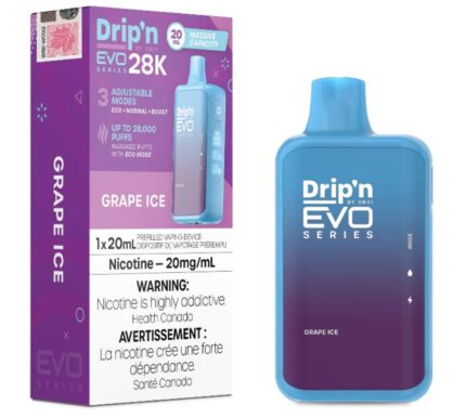 a packing box of drop'n grape ice 28k disposable vape